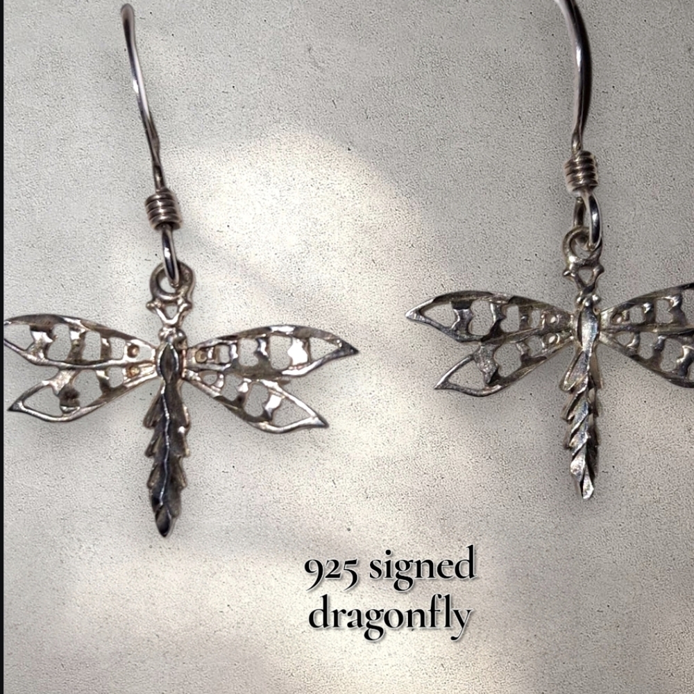 Sterling 925 Dragonfly Diamond Cut Hook Earrings Vintage